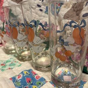 4 VINTAGE~International Marmalade Geese Duck Apple Bow~Tall Glass Tumblers 6.25”